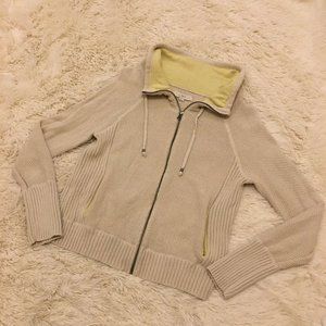 LOFT Ribbed Full Zip Knit Cream Mock Drawstring